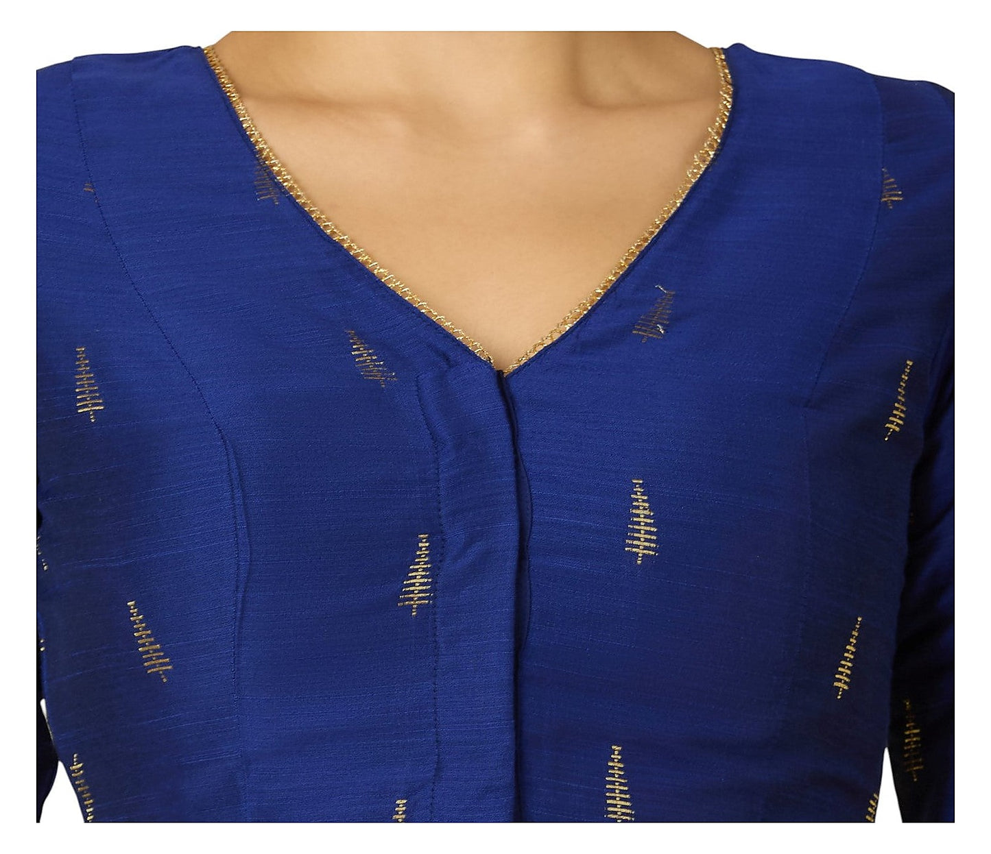 Navy Blue Handloom Cotton Silk Readymade Blouse - V Neck Elbow Sleeves