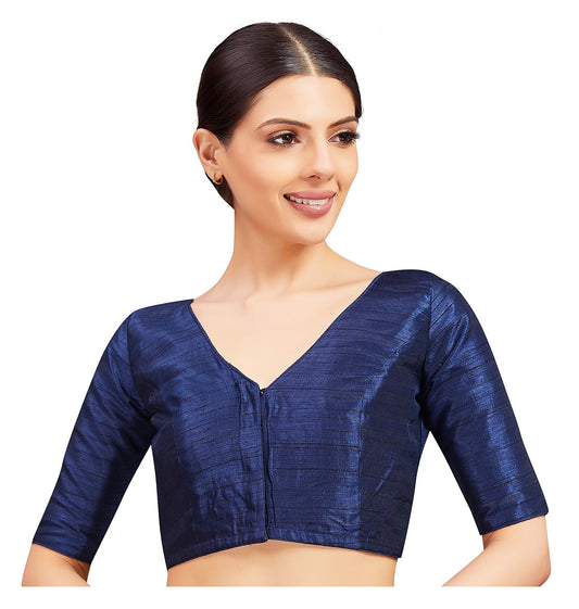 Navy Blue Raw Silk Blouse - V Neck with Elbow Sleeves front view