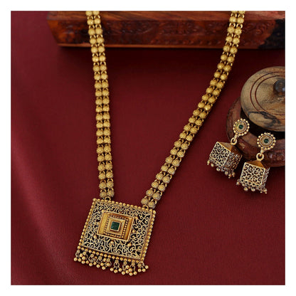 Necklace Set - Gold Tone with Green Stone Pendant and Matching Earrings front view