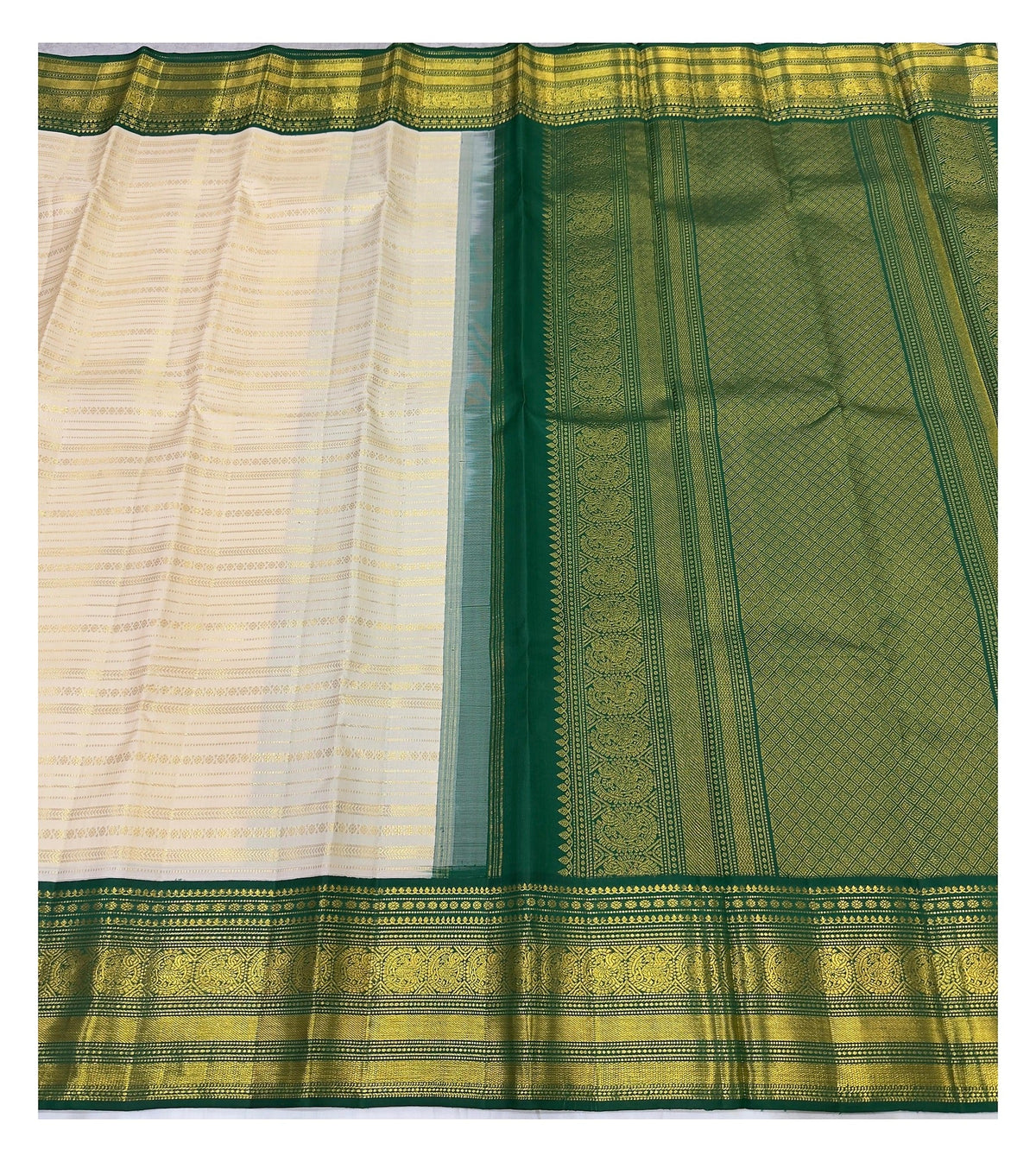 Off-White Handwoven Kanchipuram Silk Saree with Emerald Green Zari Border