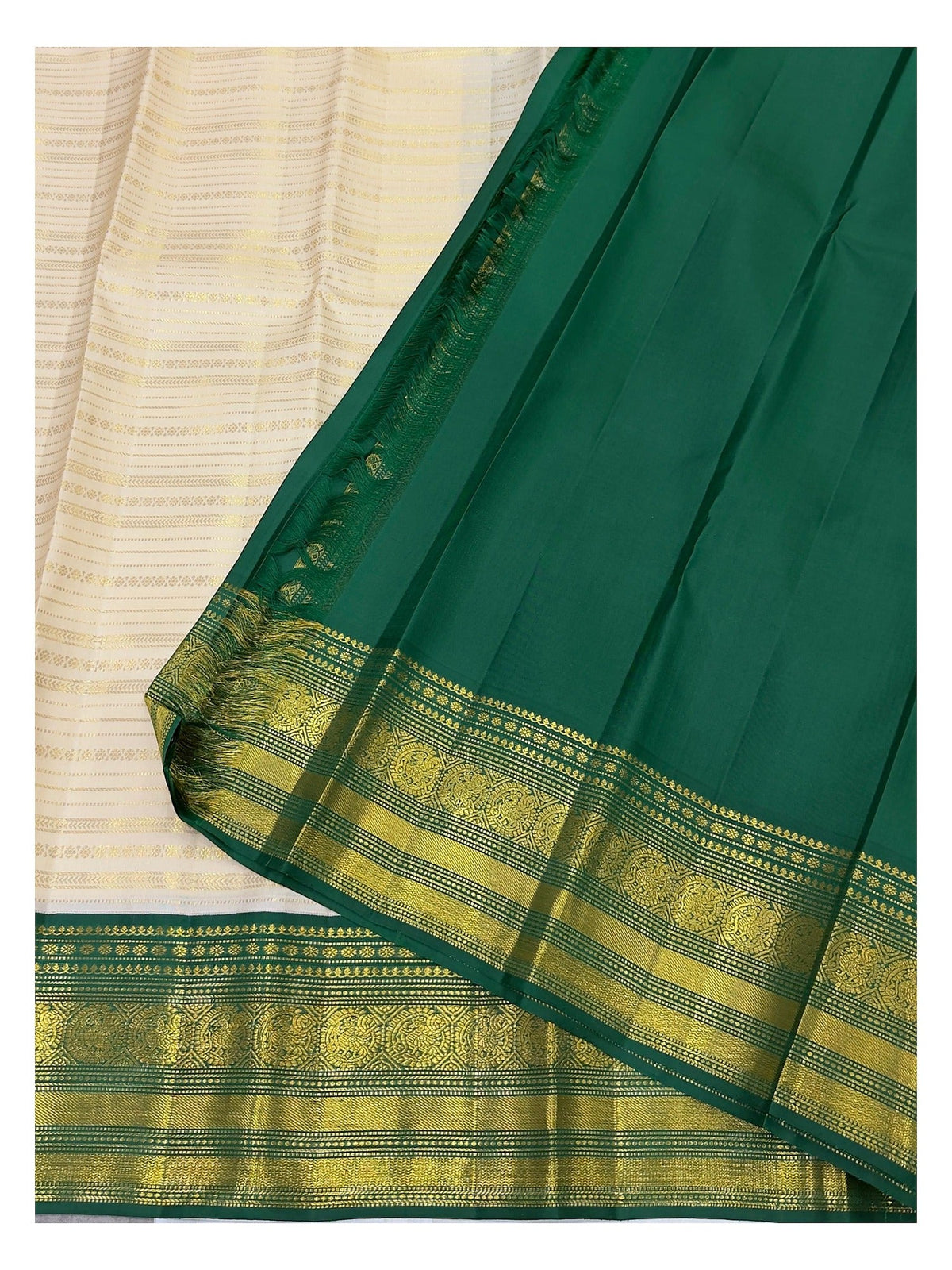 Off-White Handwoven Kanchipuram Silk Saree with Emerald Green Zari Border