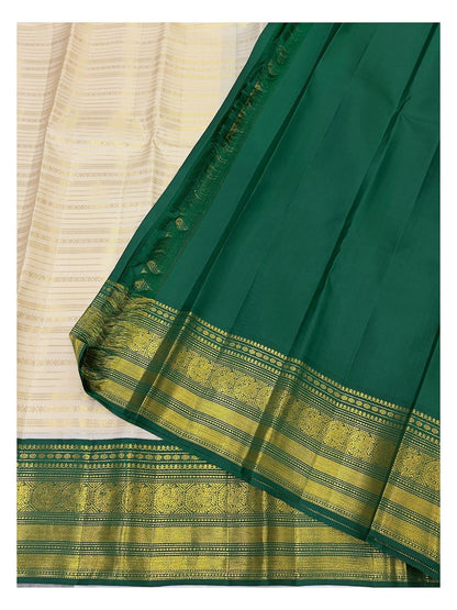 Off-White Handwoven Kanchipuram Silk Saree with Emerald Green Zari Border
