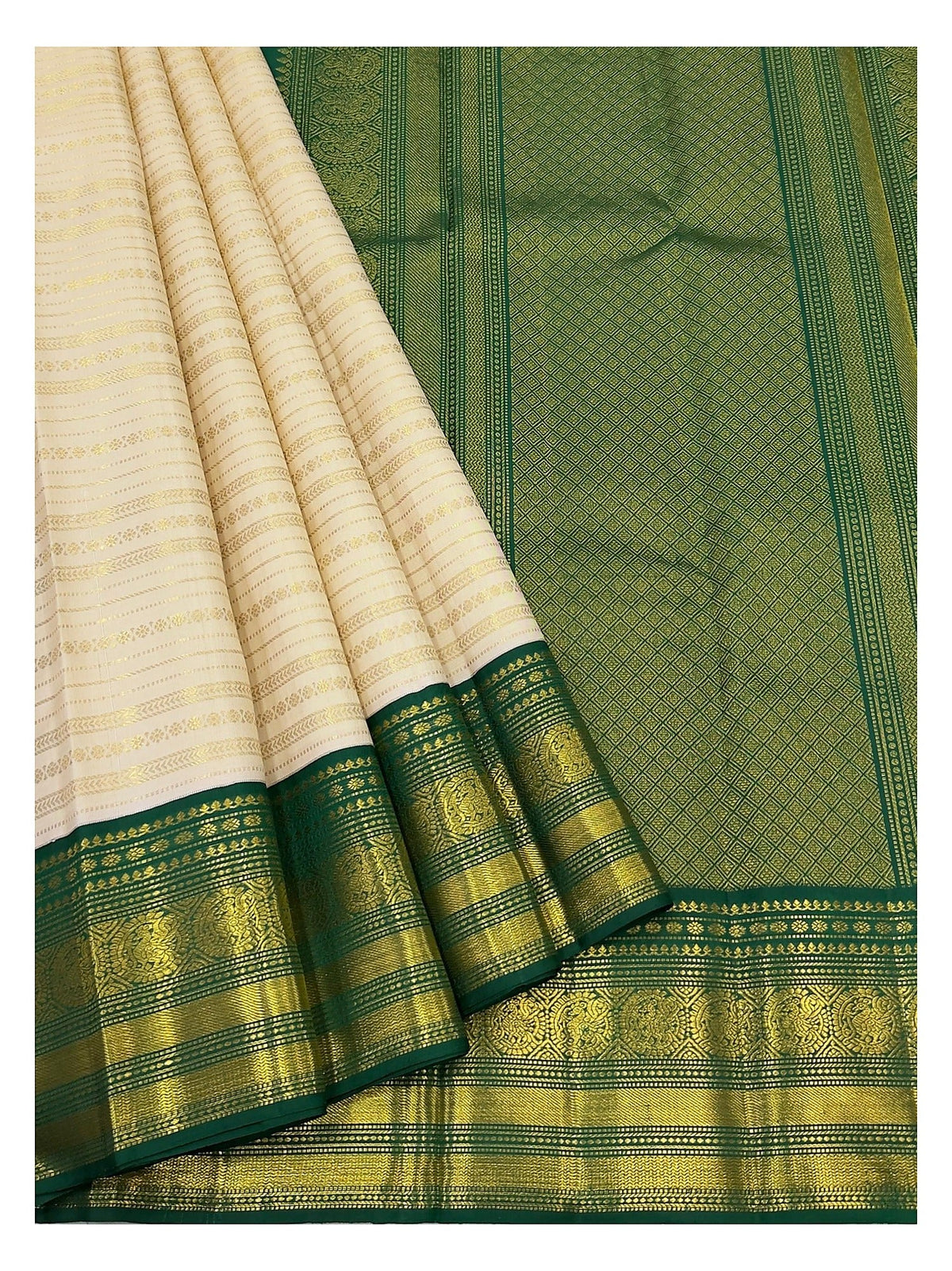 Off-White Handwoven Kanchipuram Silk Saree with Emerald Green Zari Border