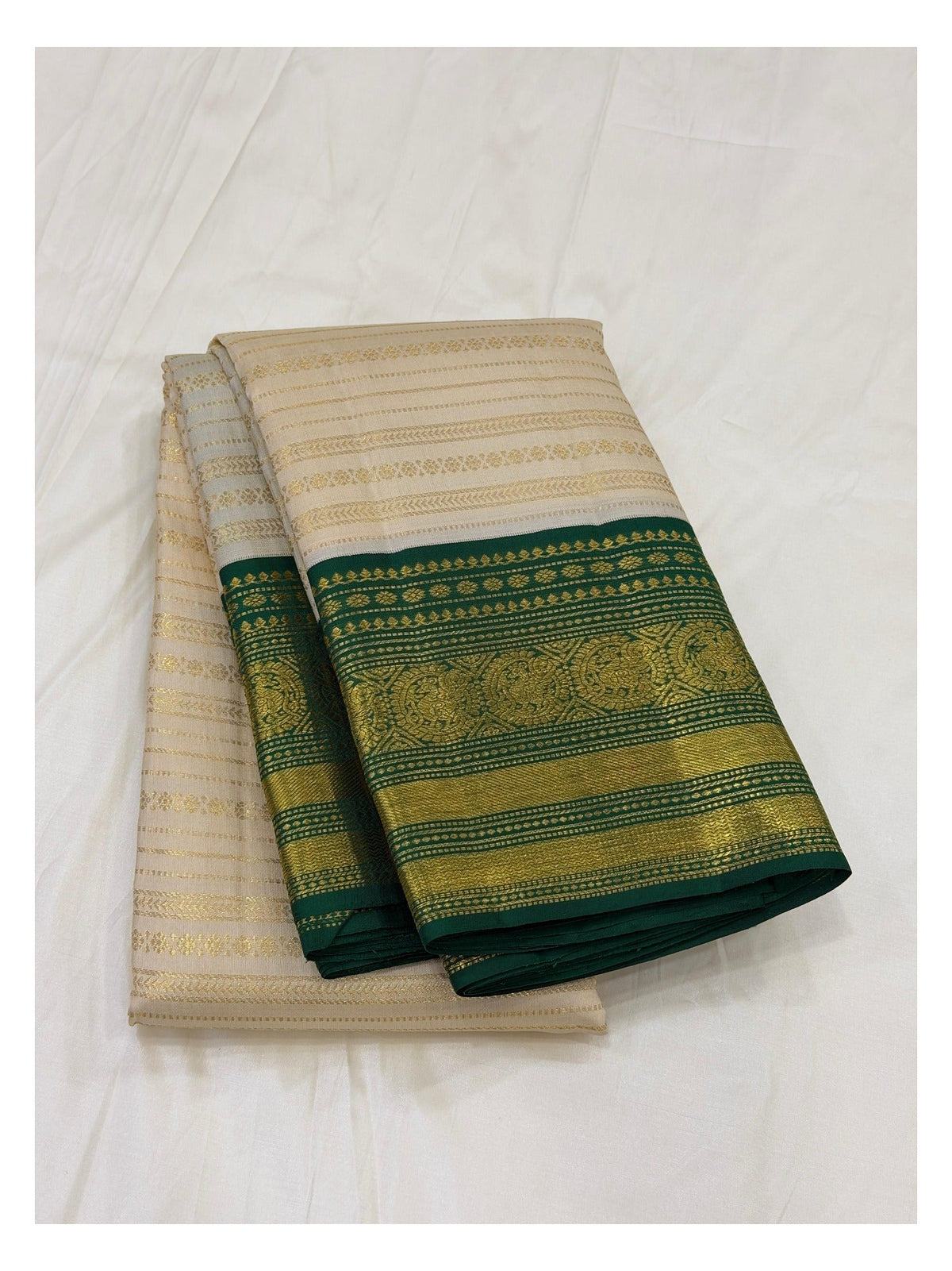 Off-White Handwoven Kanchipuram Silk Saree with Emerald Green Zari Border