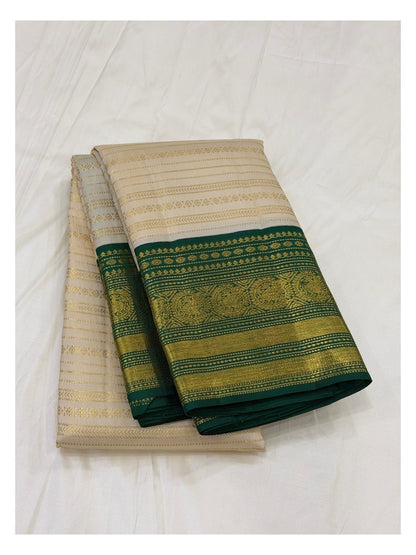 Off-White Handwoven Kanchipuram Silk Saree with Emerald Green Zari Border
