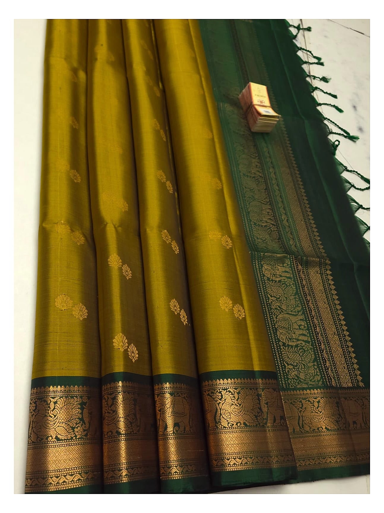 Olive gold handloom pure soft silk saree with bottle green contrast border and gold woven buttas