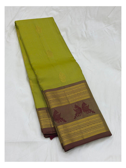 Olive Green Handwoven Kanchipuram Silk Saree with Contrast Motif Border