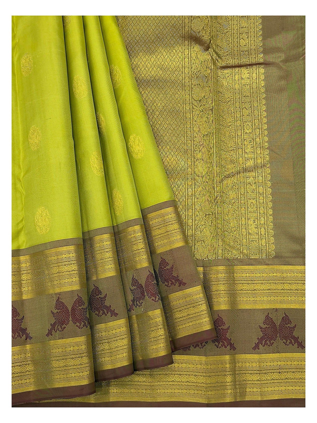 Olive Green Handwoven Kanchipuram Silk Saree with Contrast Motif Border