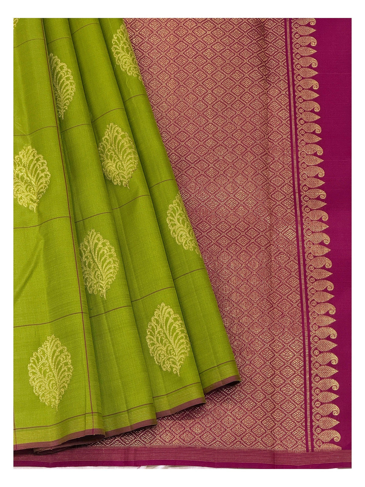 Olive Green Handwoven Kanchipuram Silk Saree with Magenta Brocade Pallu and Gold Buttas front view