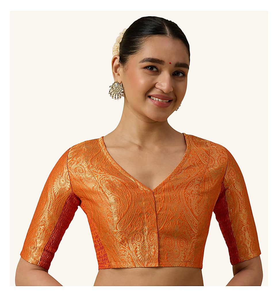 Orange Benaras Brocade Readymade Blouse - V Neck Elbow Sleeves front view