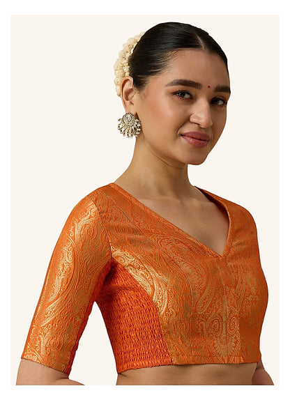 Orange Benaras Brocade Readymade Blouse - V Neck Elbow Sleeves