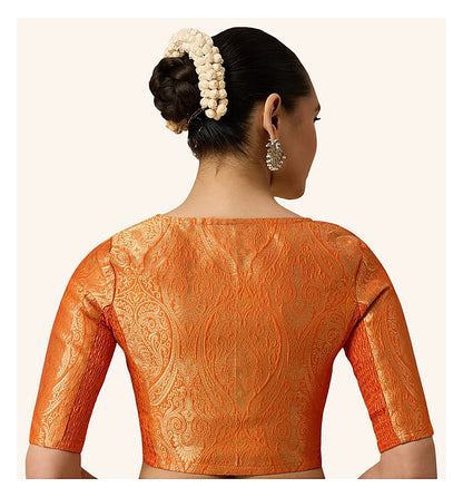 Orange Benaras Brocade Readymade Blouse - V Neck Elbow Sleeves