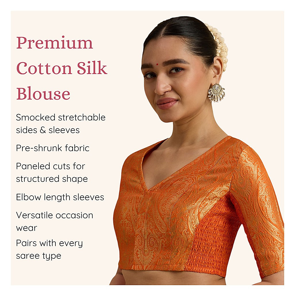 Orange Benaras Brocade Readymade Blouse - V Neck Elbow Sleeves