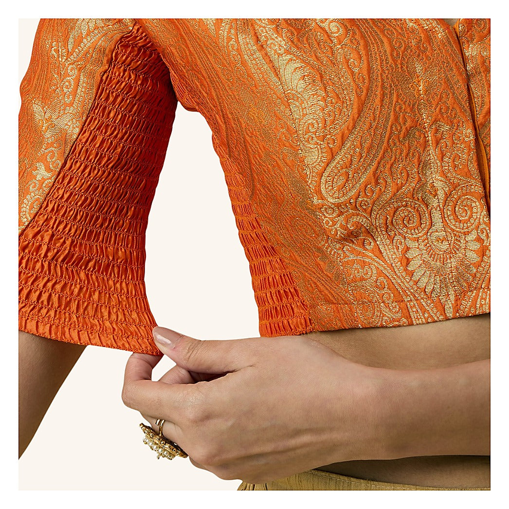 Orange Benaras Brocade Readymade Blouse - V Neck Elbow Sleeves
