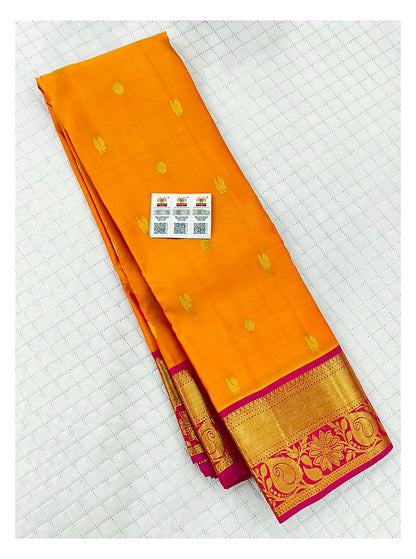 Orange Gold Pure Kanchipuram Silk Saree with Magenta Contrast Pallu and Broad Floral Paisley Zari Border front view