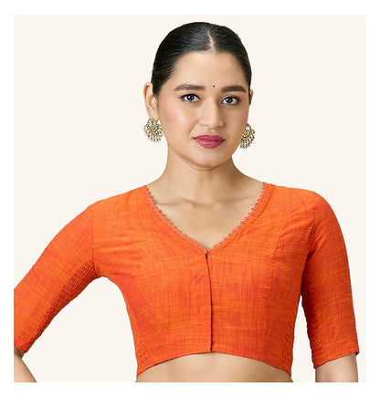 Orange Handloom Cotton Smocked Readymade Blouse - V Neck with Elbow Sleeves front view