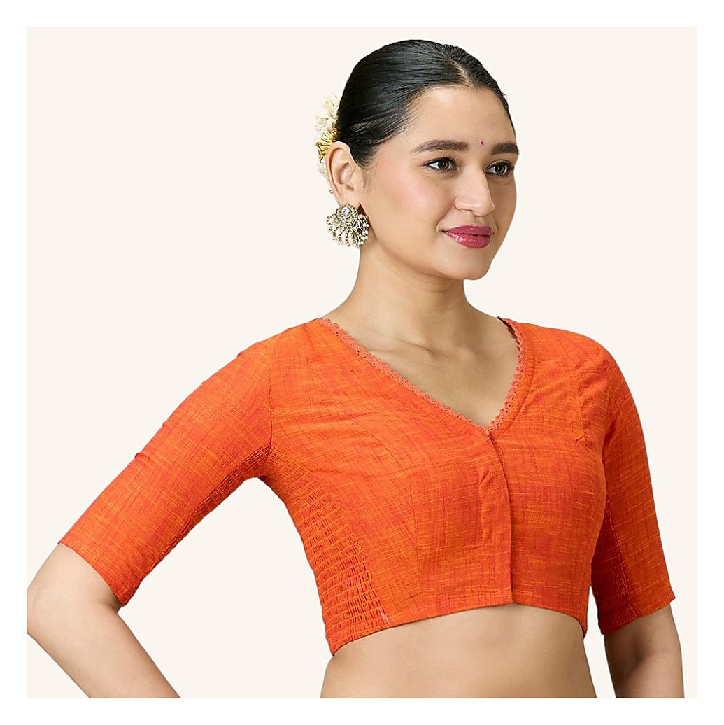 Orange Handloom Cotton Smocked Readymade Blouse - V Neck with Elbow Sleeves
