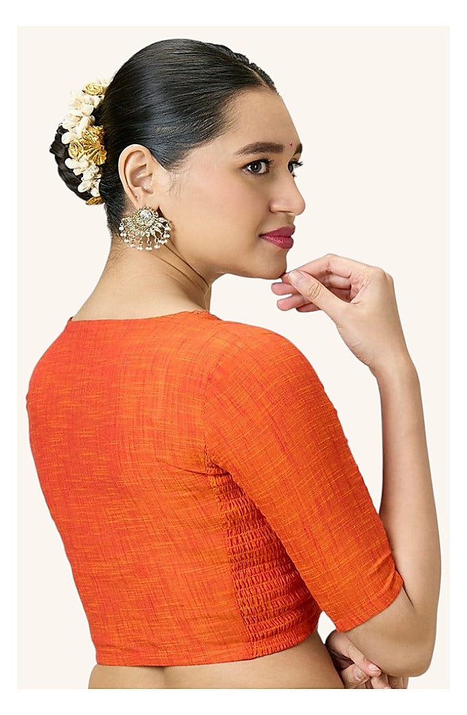 Orange Handloom Cotton Smocked Readymade Blouse - V Neck with Elbow Sleeves