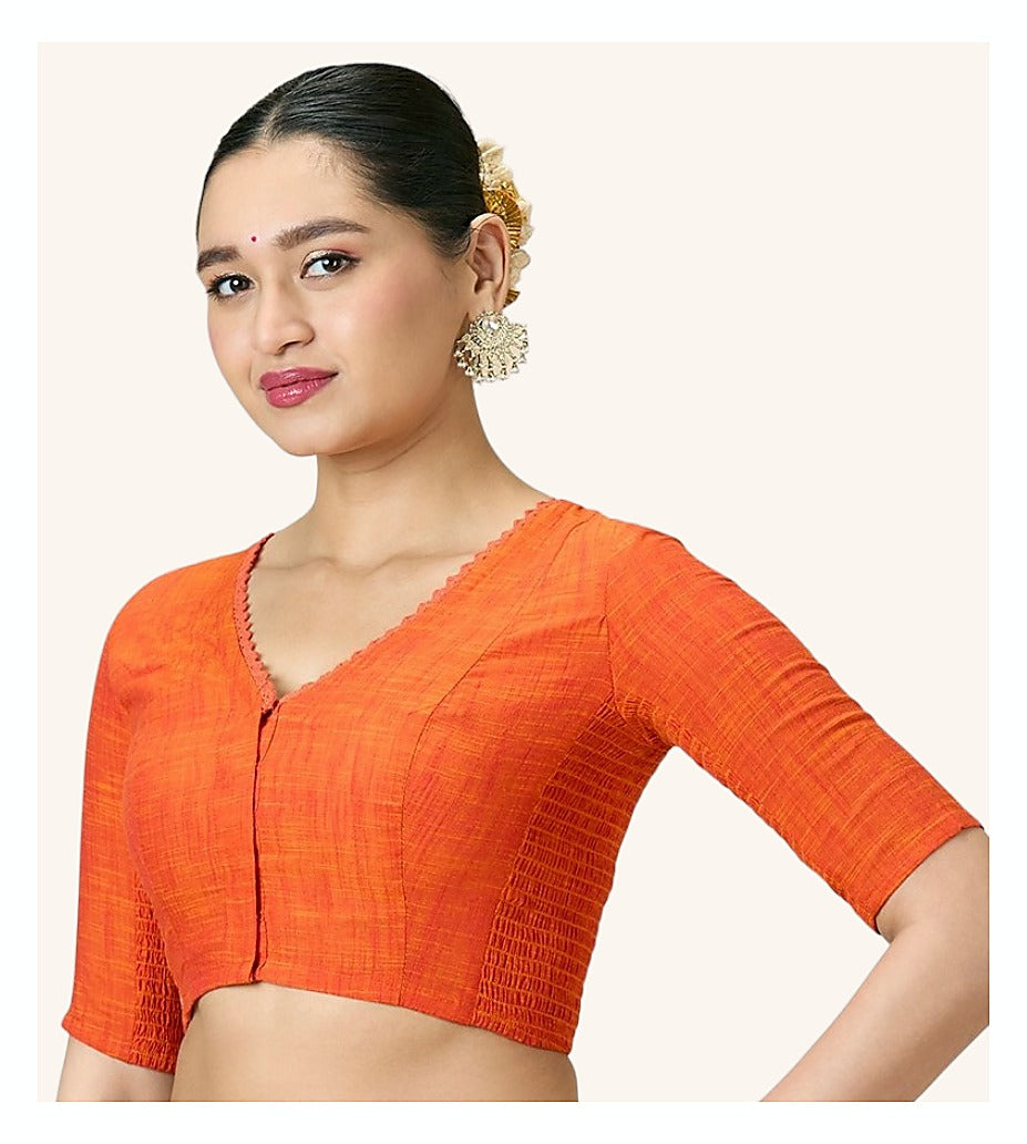 Orange Handloom Cotton Smocked Readymade Blouse - V Neck with Elbow Sleeves