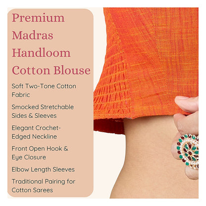 Orange Handloom Cotton Smocked Readymade Blouse - V Neck with Elbow Sleeves