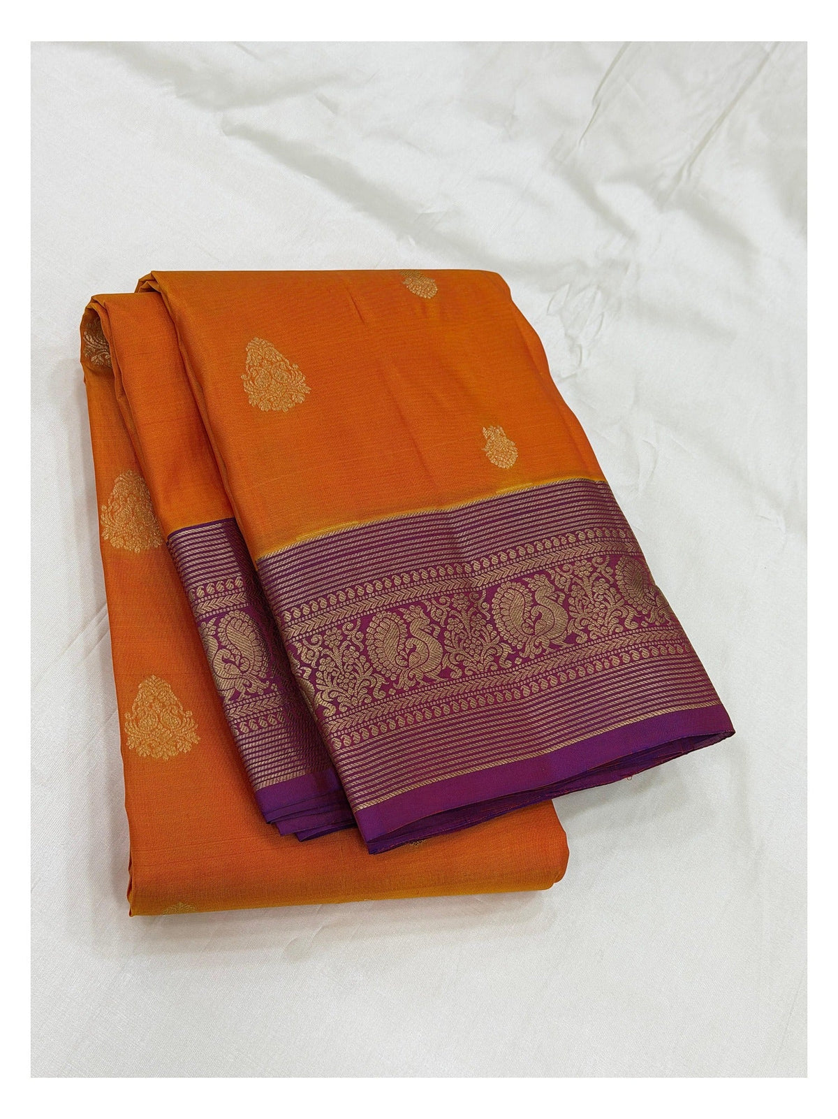 Orange Pure Silk Saree with Purple Peacock Zari Border and Contrast Pallu front view