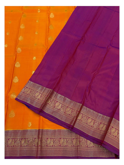 Orange Pure Silk Saree with Purple Peacock Zari Border and Contrast Pallu