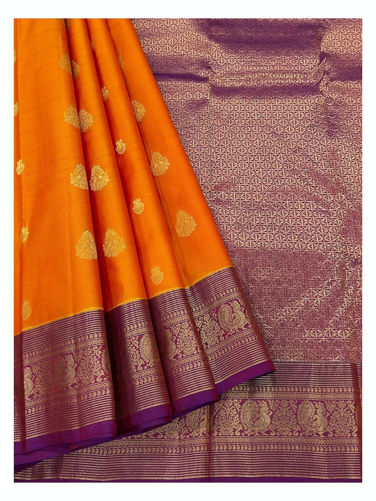 Orange Pure Silk Saree with Purple Peacock Zari Border and Contrast Pallu
