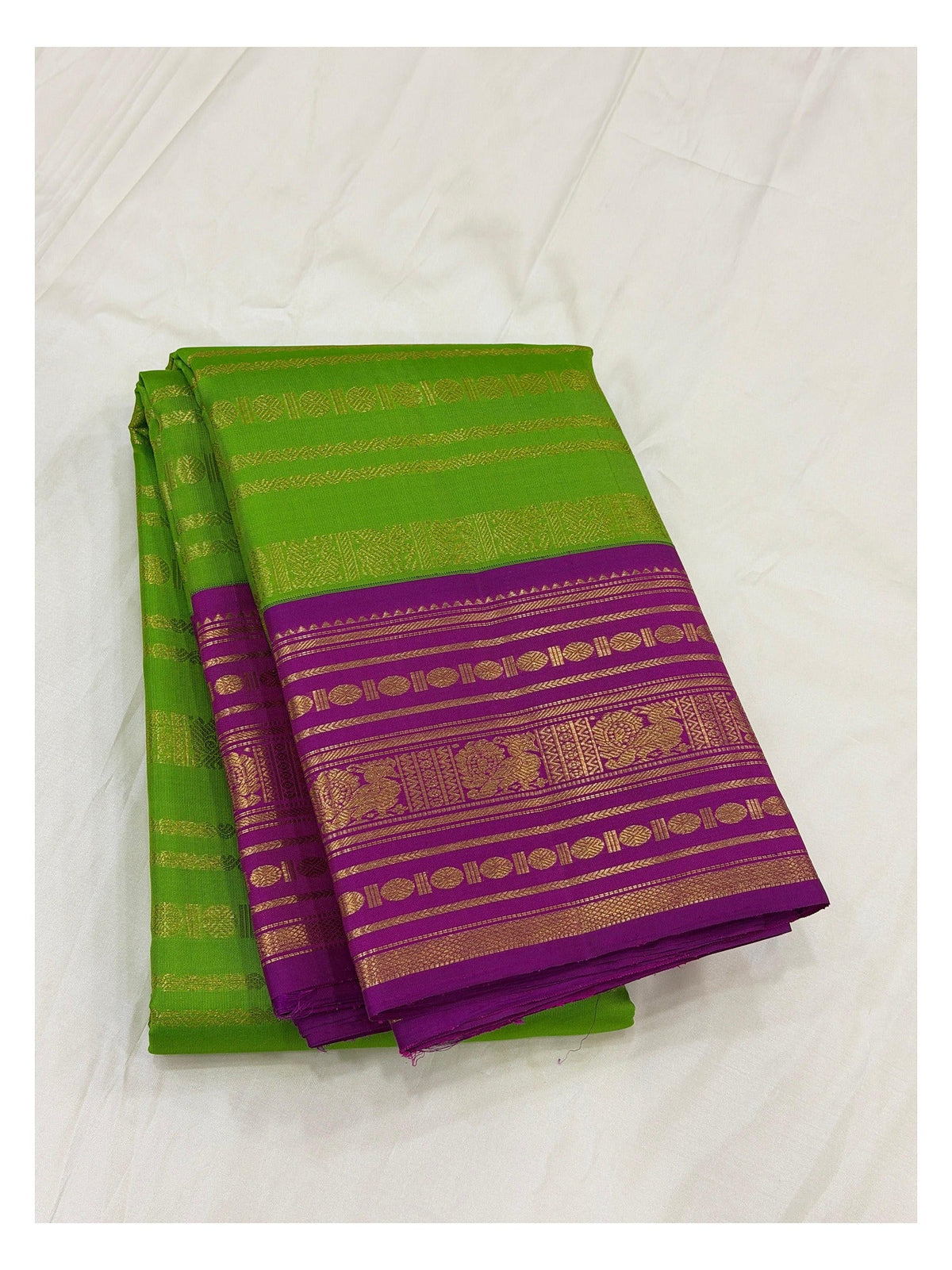 Parrot Green Handwoven Kanchipuram Silk Saree with Magenta Zari Border front view