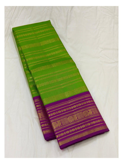 Parrot Green Handwoven Kanchipuram Silk Saree with Magenta Zari Border