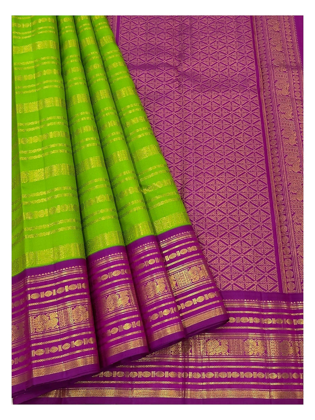 Parrot Green Handwoven Kanchipuram Silk Saree with Magenta Zari Border