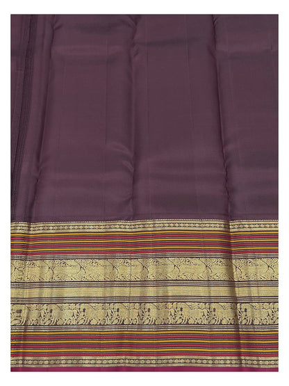 Plum pallu and gold-toned woven border detail of the silk saree