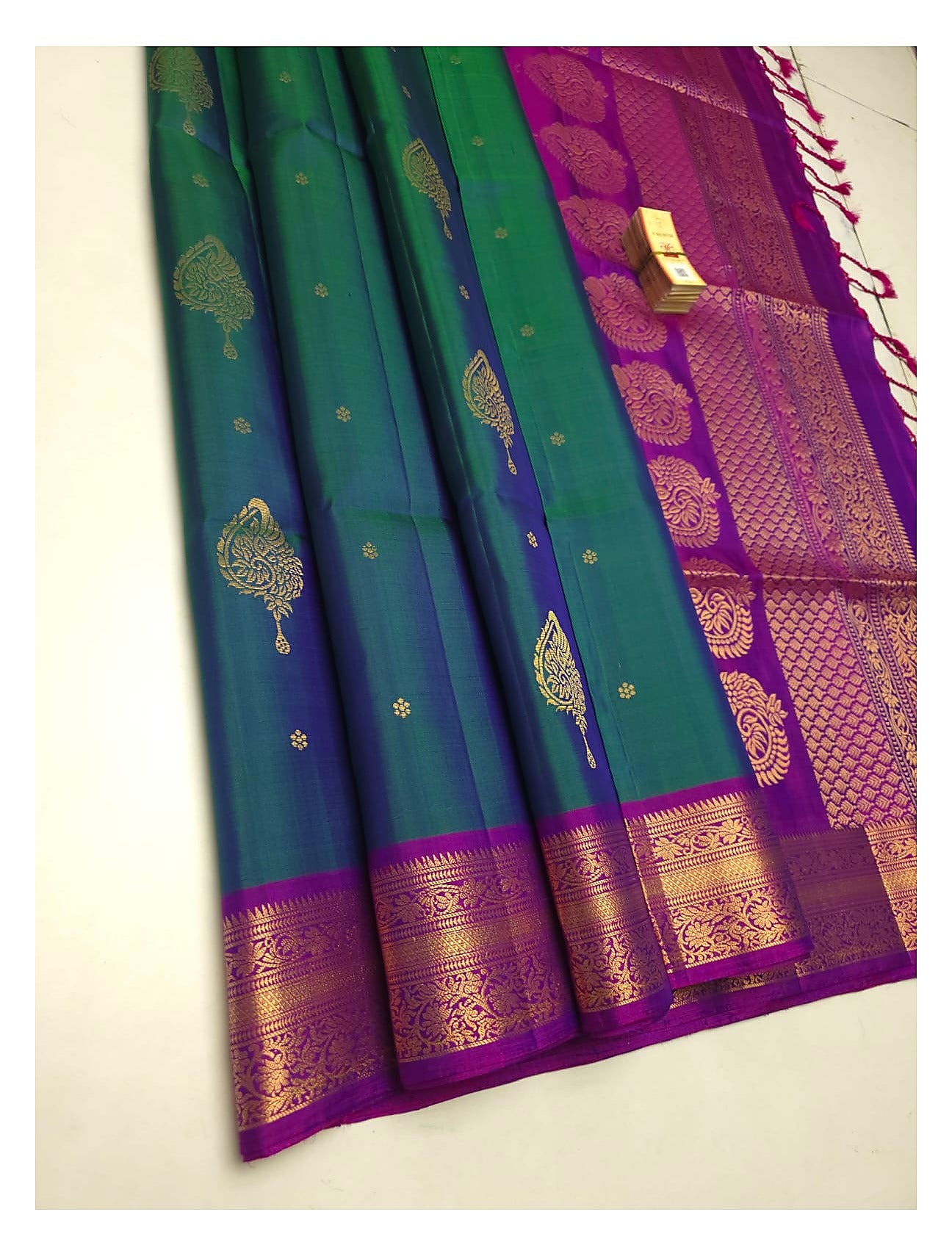 Peacock Green Kanchipuram Style Soft Silk Saree with Magenta Border front view