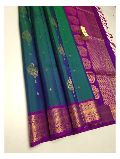 Peacock Green Kanchipuram Style Soft Silk Saree with Magenta Border front view