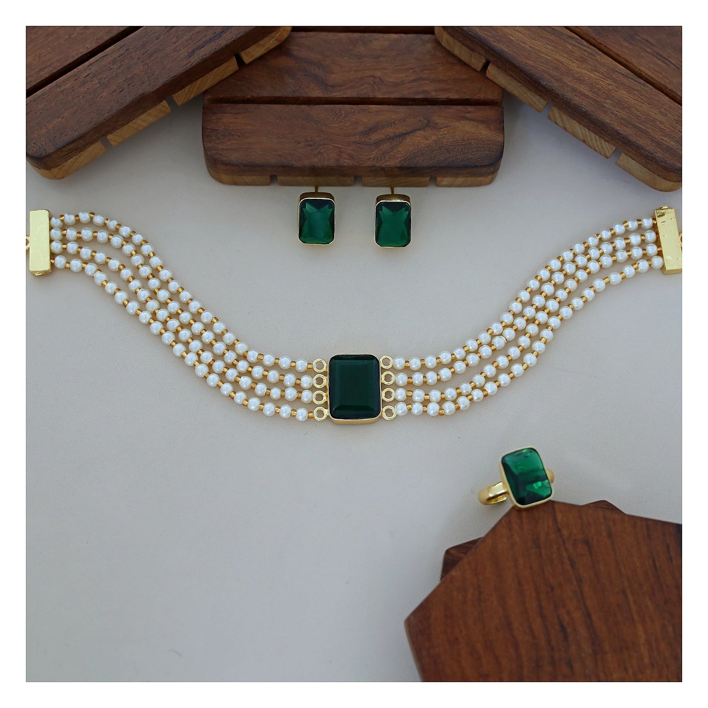 Pearl Choker Set - Green Stone with Matching Earrings and Ring front view