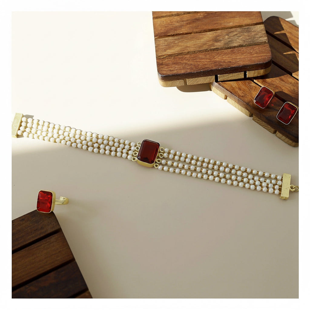 Pearl Choker Set - Maroon Stone with Matching Earrings and Ring front view