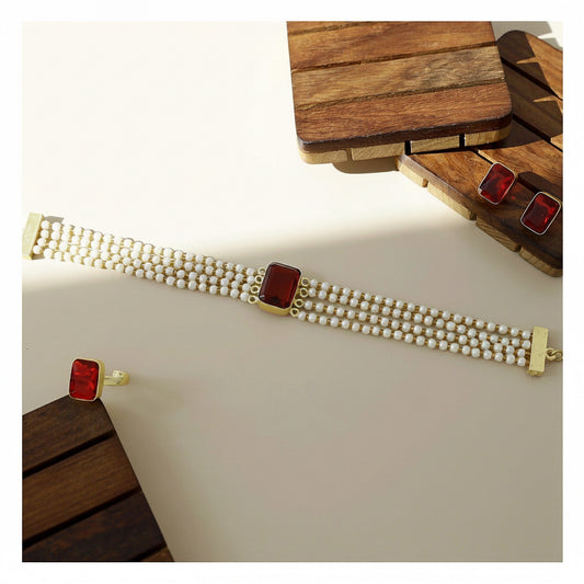 Pearl Choker Set - Maroon Stone with Matching Earrings and Ring front view