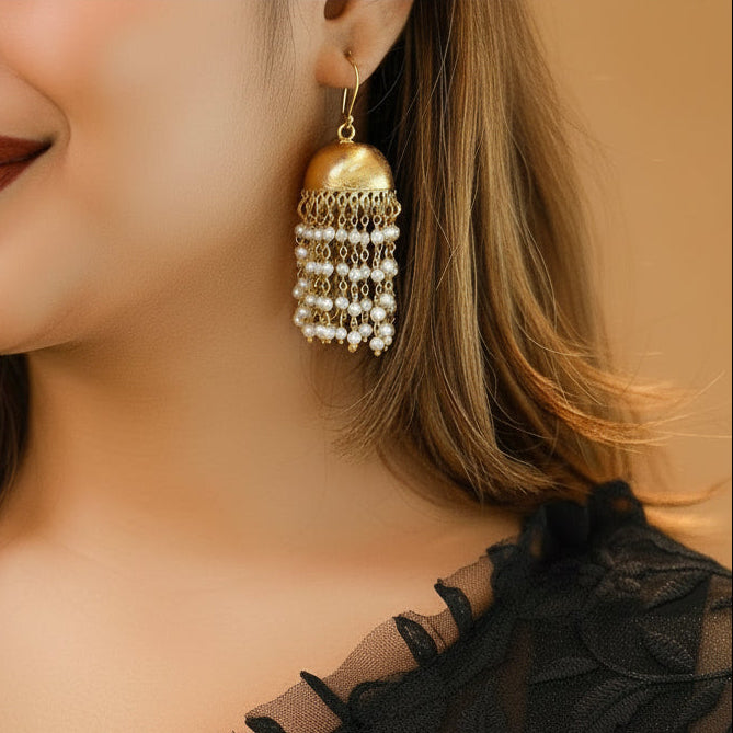 Pearl Jhumka Earrings - Gold Tone Chain Fringe Statement Design front view