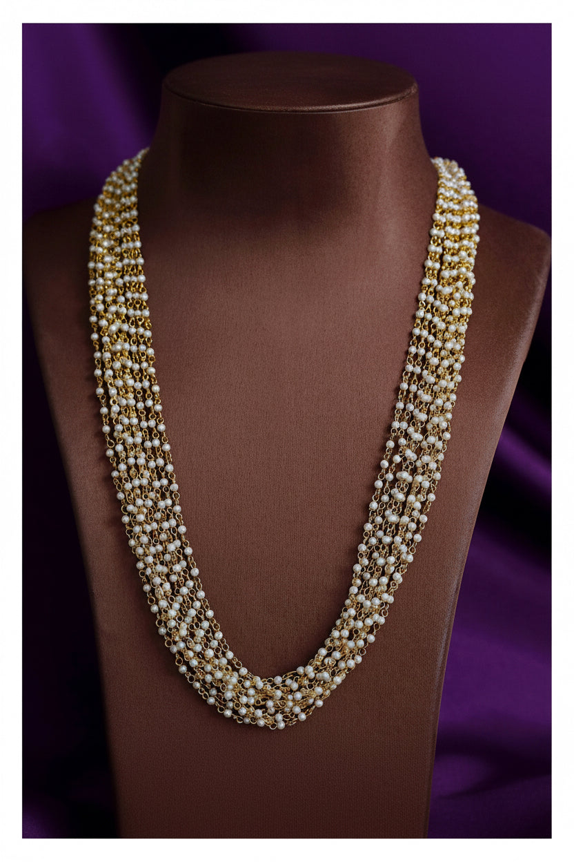 Pearl Long Necklace - Gold Tone 8-Layer Statement Design front view