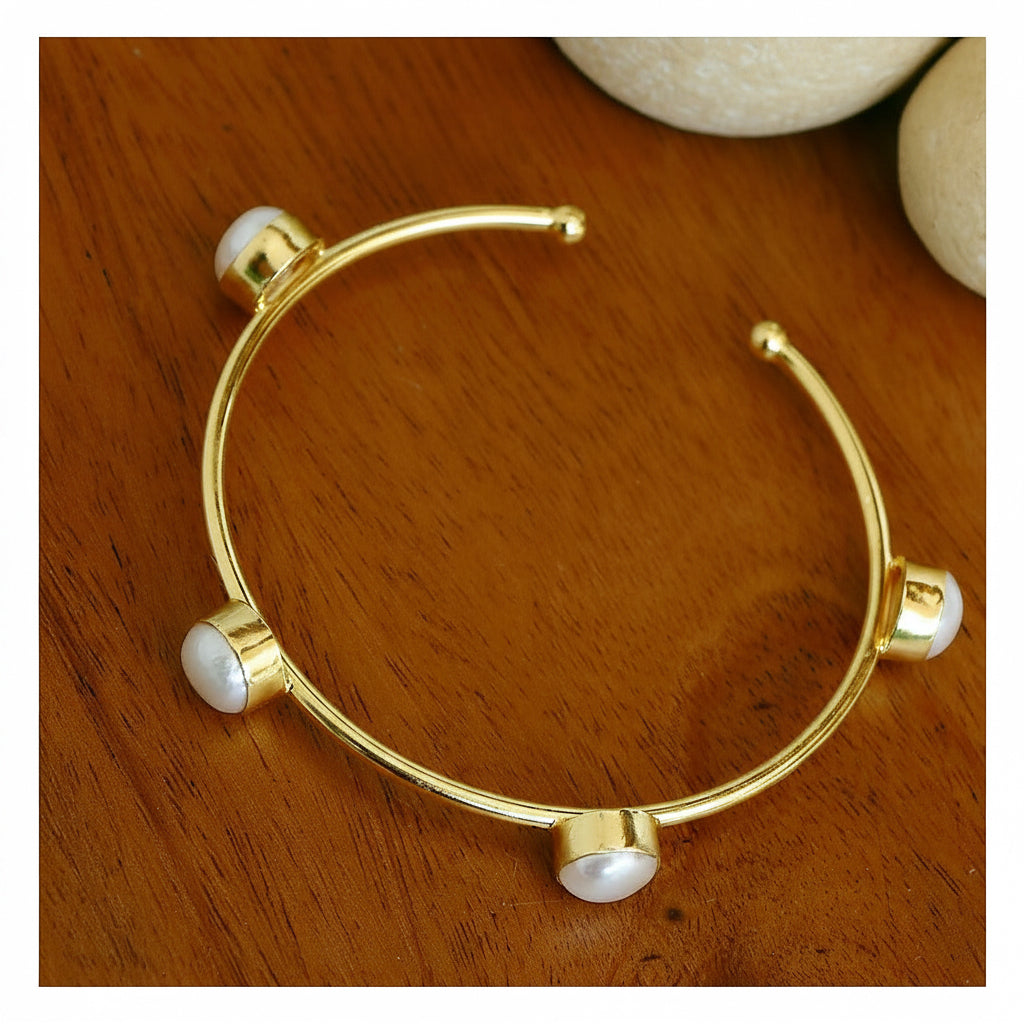 Pearl Station Bracelet - Gold Tone Open Cuff with Four Pearl Details