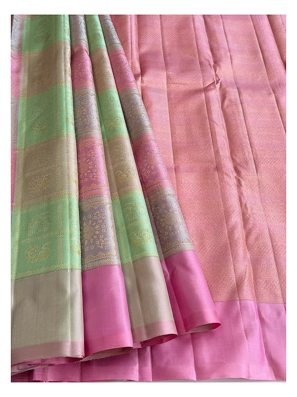 Pink Handwoven Kanchipuram Silk Saree with Mint Green Zari Checks