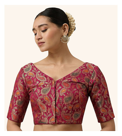 Pink Paisley Benaras Brocade Readymade Blouse - V Neck Elbow Sleeves front view