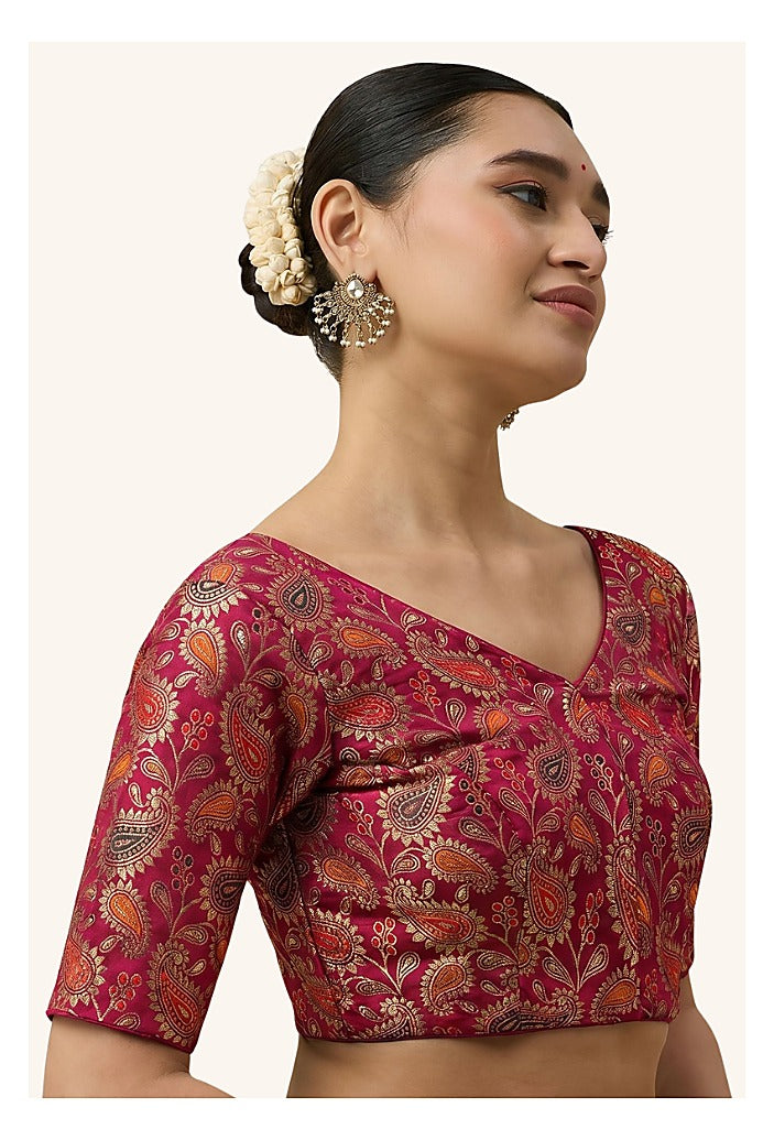 Pink Paisley Benaras Brocade Readymade Blouse - V Neck Elbow Sleeves