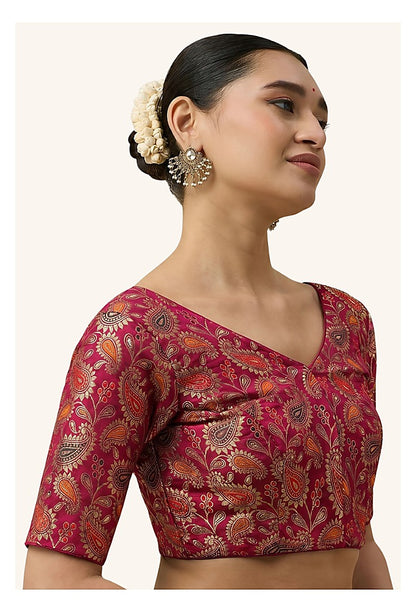 Pink Paisley Benaras Brocade Readymade Blouse - V Neck Elbow Sleeves