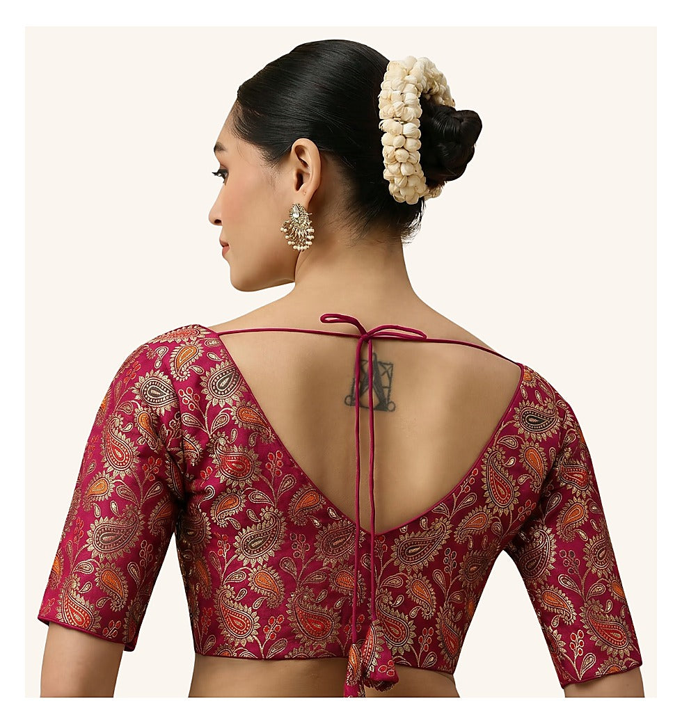 Pink Paisley Benaras Brocade Readymade Blouse - V Neck Elbow Sleeves