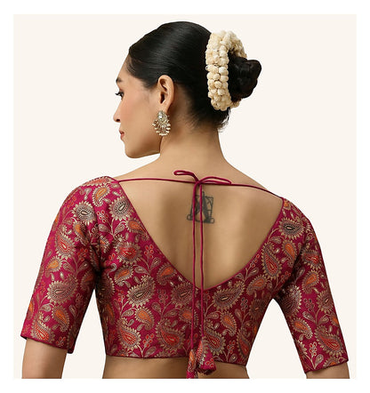 Pink Paisley Benaras Brocade Readymade Blouse - V Neck Elbow Sleeves