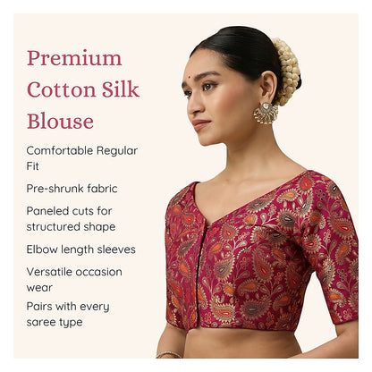 Pink Paisley Benaras Brocade Readymade Blouse - V Neck Elbow Sleeves