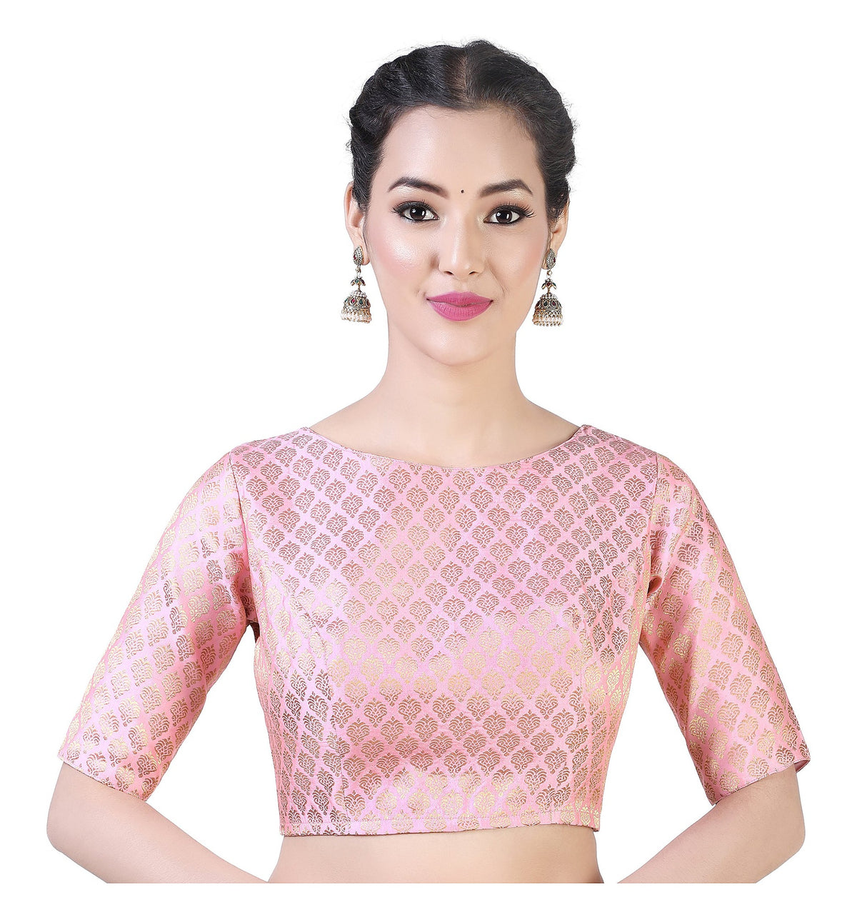 Pink Pastel Brocade Ready-Made Blouse - Boat Neck with Elbow Sleeves front view