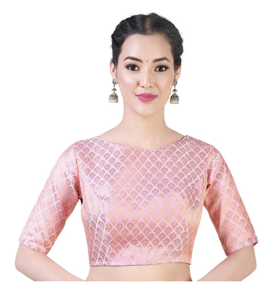 Pink Pastel Brocade Ready-Made Blouse - Boat Neck with Elbow Sleeves front view