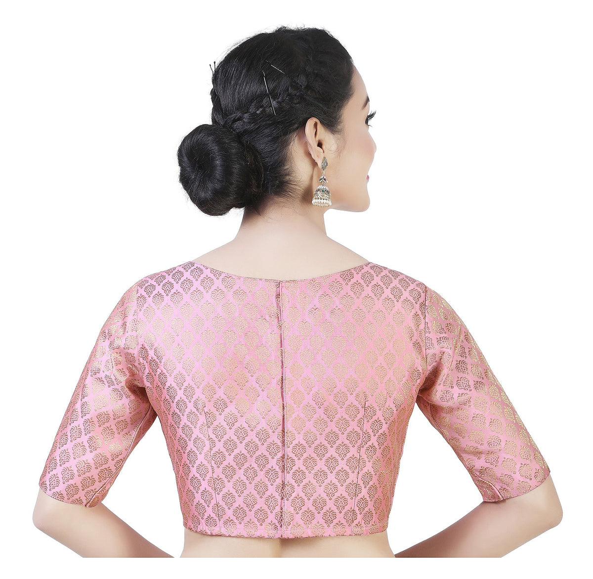 Pink Pastel Brocade Ready-Made Blouse - Boat Neck with Elbow Sleeves