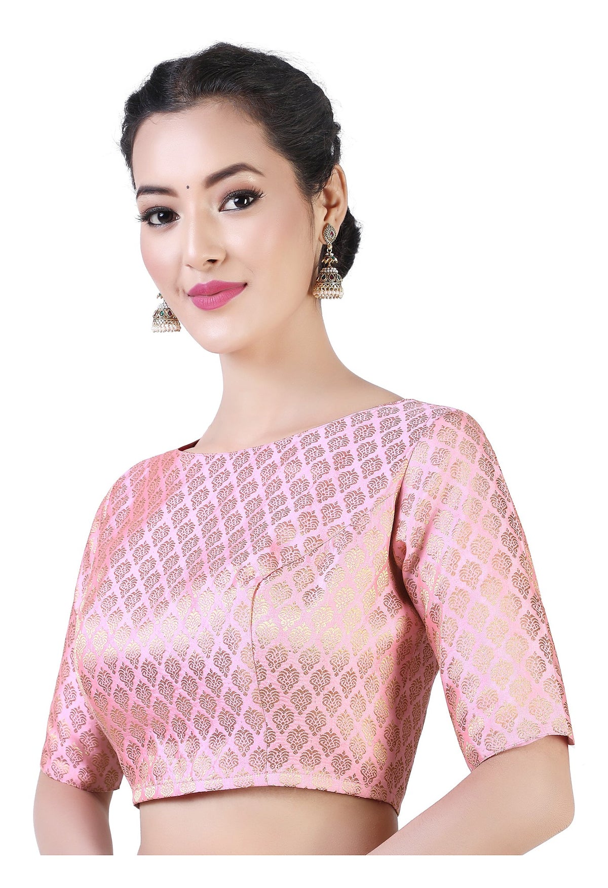 Pink Pastel Brocade Ready-Made Blouse - Boat Neck with Elbow Sleeves